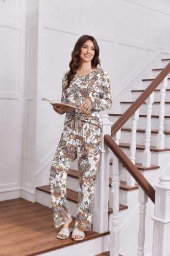 2 Pack: Women's Long Sleeve Pajama Sets - V Neck Top and Pants Lounge sets | 2 Piece Sets, Printed Design, V Neck Tops, Long Sleeves, Drawstring Pants with Pockets, Soft Comfy Feel, Ideal for Lounging — view 2