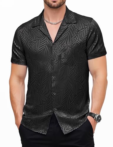 Mens Shiny Satin Silk-Like Designer Shirt Summer Regular Fit Short Sleeve Button Up Floral Shirt with Pocket
