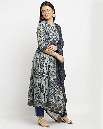 Image of Rajnandini Women's Blue Pure Cambric Cotton Floral Printed Kurta Set With Dupatta (S To 6XL- Size)(JOPLVL218-P)
