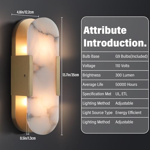 Image of 13.8 inch Alabaster Wall Sconces Set of Two, Natural Marble Wall Lighting, Brass Bedside Wall Lamp, Indoor Vanity Light Fixtures for Hallway,Bathroom Living Room (Including LED)