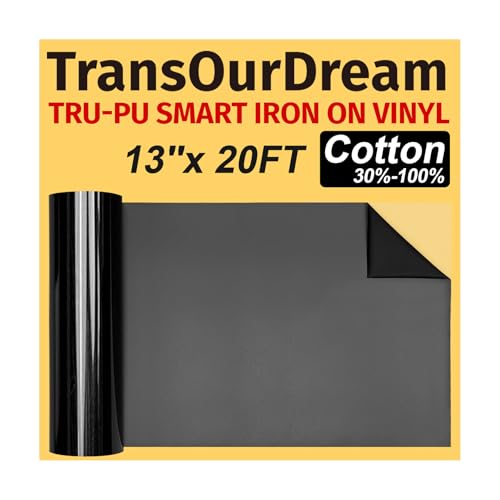 TransOurDream Tru-PU Smart Iron On Vinyl Roll for Maker 3, Explore 3, AIR 2, Cameo, 13in x 20ft Matte Black Smart HTV Vinyl for T-Shirts, Matless Cutting for Long cuts, Thinner, Soft, Sticky