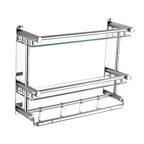 Estante de vidrio para baño sin taladro con doble toallero de pared negro de 40 cm