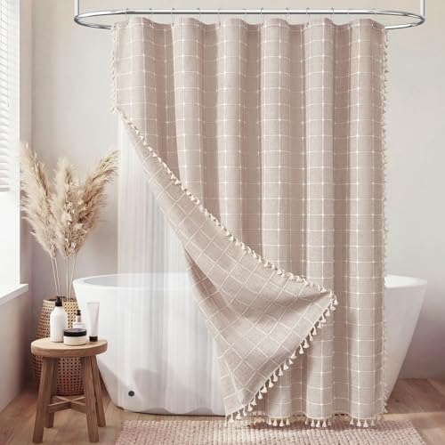 Image of BTTN 3 in 1 Shower Curtain with Liner, 96 Extra Long Boho Linen Cloth Shower Curtain Set with Hook, Tall Farmhouse Bohemian Country Waterproof Fabric Shower Curtain for Bathroom, Taupe, 72x96