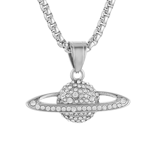 STWTR Saturn Necklace for Men Women Stainless Steel Cubic Zirconia Planet Necklace Pendant Jewelry Gift