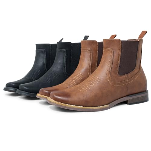 J's.o.l.e 2 Pair Chelsea Cowboy Boots for Men Square Toe Ankle Western Dress Boots Mens Gifts Casual Brown Black Boot Set