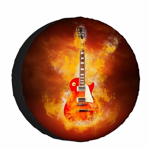 Image of Rock Guitar in Burning Fire Spare Tire Cover for RV Trailer Rock Instrument Guitar Wheel Protectors Weatherproof Polyester Tire Case for All Cars SUV Camper Travel 15 inch, STC065