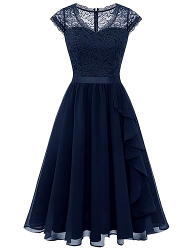 WedTrend Damen Brautjungfernkleider Kurzes Abschlussballkleid Rüschen Halbformelles Cocktailkleid Blumen Hochzeitsgastkleid, navy, S