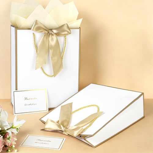 Image of JMANNI Gift Bags with Handles, 11.4 inch Small Mothers Day Gift Bag for Presents, 2 Pcs Bags with 4 Tissue Paper and 2 Cards for Baby Shower Wedding Bridal Shower Mother's Day Birthday Party (white-gold)
