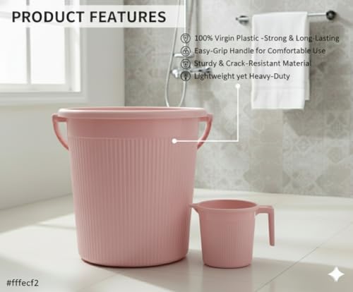 Image of MODWARE Plastic Bucket Set with Mug, 20L Bucket with 1L Mug, Polypropylene, Round Shape, (Pink, 20 L)