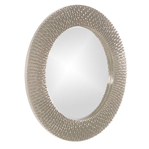 Image of Howard Elliott Collection Bergman Round Wall Mirror, Textured Ribbed Frame with Glossy Nickel Finish, Decorative Accent Mirror, Ready to Hang, 32H x 32W x 1D, Nickel