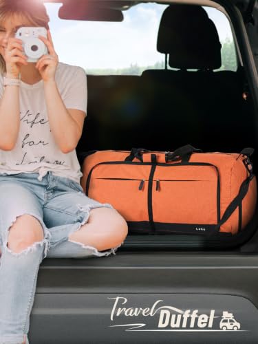 Image of Lekesky Foldable Travel Duffel Bag for Women, 80L Large Duffle Bag with Separate Shoes Compartments & Straps, Carry On Weekend Bag for Women, Hospital, Overnight(Orange)
