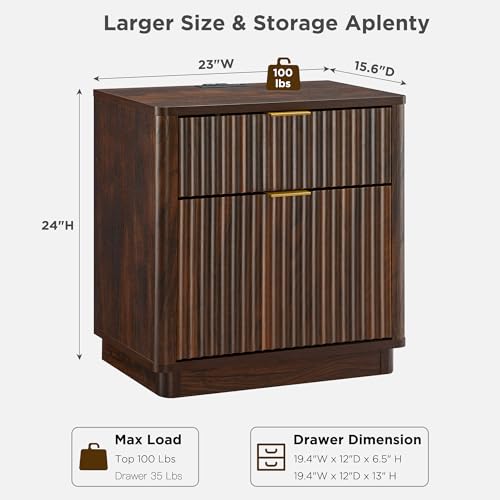 image for T4TREAM 23'' Fluted Nightstand Set of 2 with Charging Station, Large 2