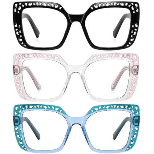 Image of ICARA 3 Pack Fashion Oversized Square Reading Glasses for Women, Retro Celebrity Style Blue Light Blocking Computer Readers