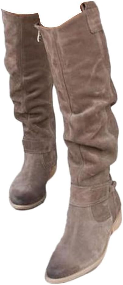 Sued Flat Boot With Side Zipper Round Toe Low Heel Tall Riding Combat Wide Width Boots Pull On Vintage Leather Long Sexy Dress Ladies Booties