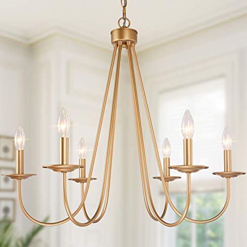 Chandeliers for Dining Rooms, Farmhouse Gold Chandelier, 6-Light Dining Room Lighting Fixtures Hanging with Dark Golden Finish, 28’’ W x 24.5’’ H