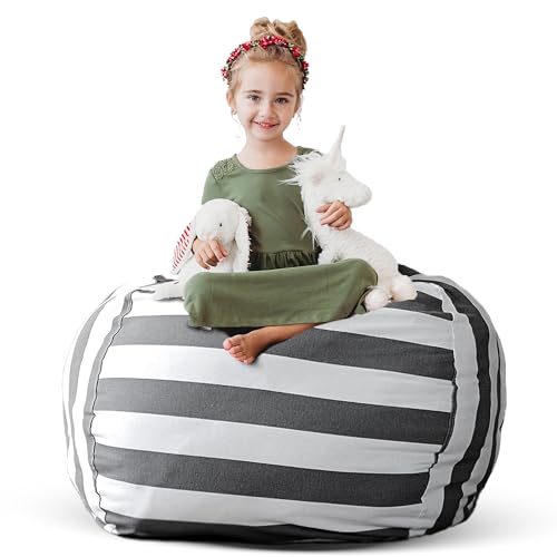 Creative QT Stuff ’n Sit Extra Large 38’’ Bean Bag Storage Cover for Stuffed Animals & Toys, Giant Beanbag Chair Kids, Ages 3-14, Bedroom Organizer Holiday Gifts, Grey White Striped