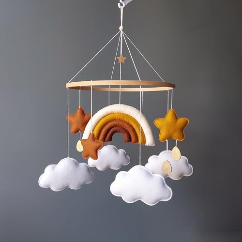 Rainbow Baby Mobile Neutral – Stars & Clouds Brown Mustard Nursery Decor – Handmade Crib Mobile for Baby Boy or Girl – Boho Baby Shower Gift