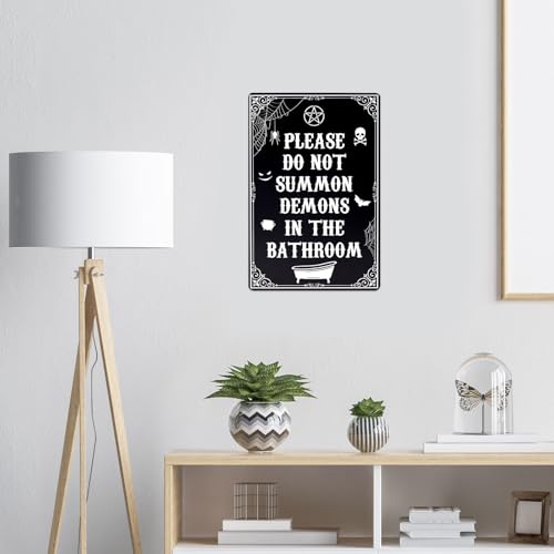 Please Do Not Summon Demons In The Bathroom, Spooky Goth Metal Sign Gothic Decoration Funny Witchy Decor Wall Plaque Metal Tin Accessories for Home Halloween Humor Party (Bathtub Style)