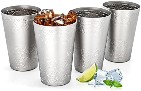 ORAGIMI Aluminum Cups for Drinks 17oz Refillable and Recyclable Party Cups for Adults, Metal Cups with Pattern, Dishwasher Safe, 4 Cups per pack, Silver
