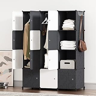 JOISCOPE Portable Wardrobe for Bedroom, 12-Cube Storage Foldable Wardrobe With Clothes Hanging Rails, Modular Cabinet Storage Organiser for Clothes Shoes Toys Books, Black and White