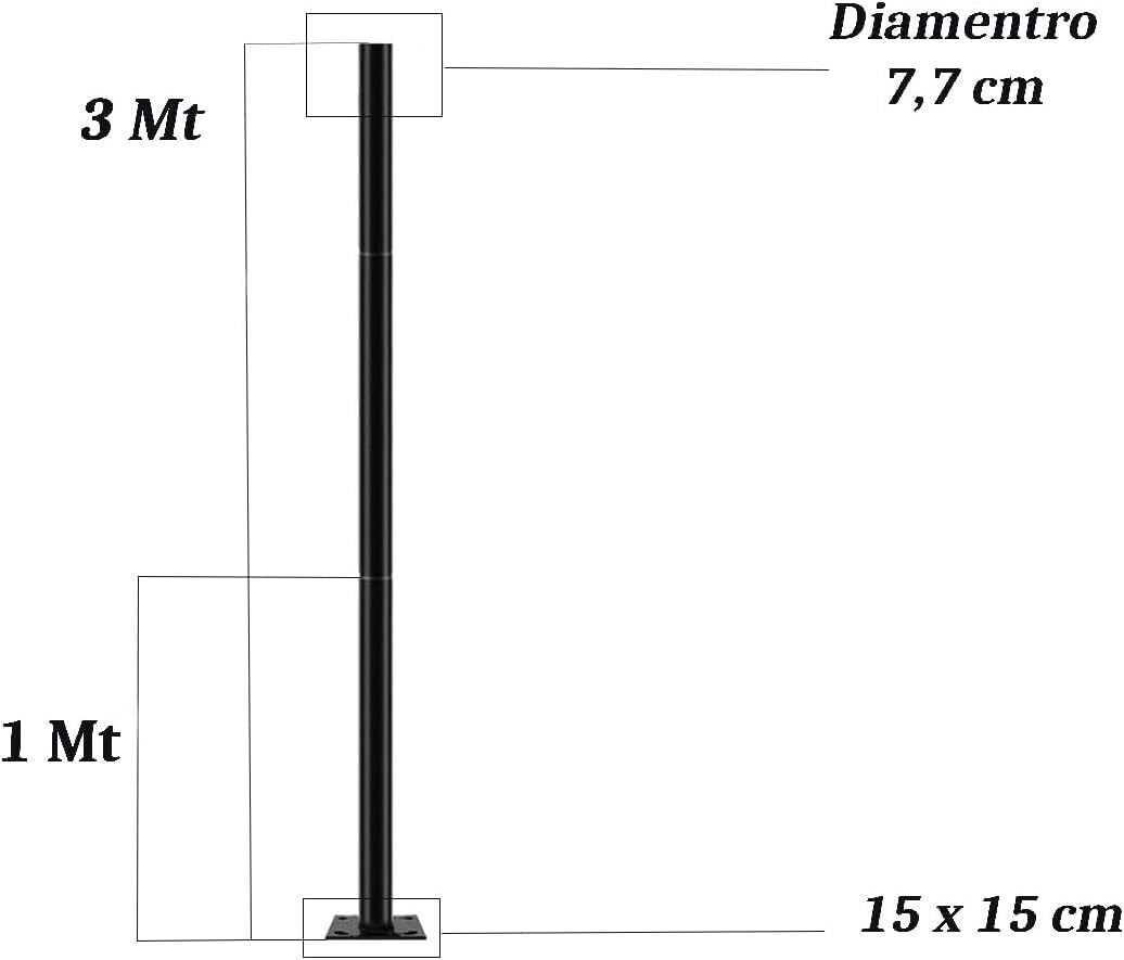 Staffa Palo Supporto Lampione Faro Stradale 3 Metri Metallo Nero per LED Solare Telecamere