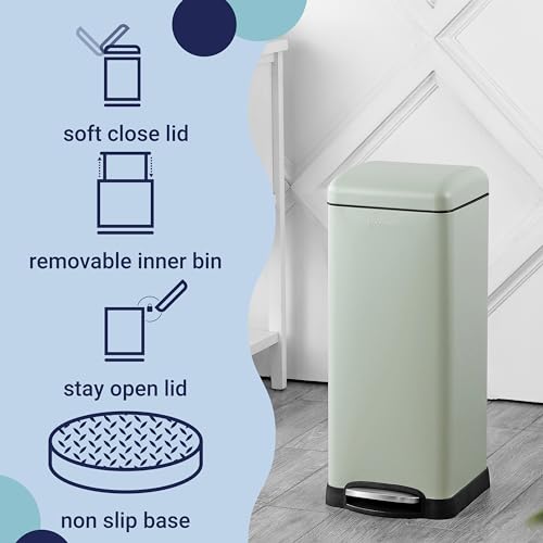 Image of happimess HPM1007E Betty Retro 8-Gallon Step-Open Trash Can with Soft-Close Lid, Fingerprint Resistant, Modern, Minimalistic for Home, Kitchen, Laundry Room, Office, Bedroom, Bathroom, Mint Green