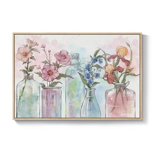 Framed Floral Wall Art for Bedroom, Colorful Botanical in Vase Canvas Prints Painting, Pastel Watercolor Flower Wildflower Pictures for Living Room Dining Room Bathroom Room Wall Decor, 24x36 Inch