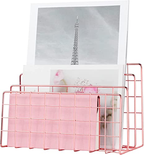Image of CentraLit Book Organizer Magazine File Holder Modern Desk, 3 Slot Modern Magazine Holder Stand for Table Desk Home File Stand Decor File Storage (Rose Gold)