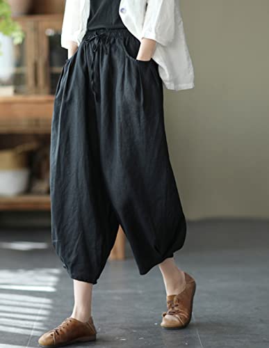 IXIMO Women's Linen Capri Pants Casual Loose Fit Wide Leg Harem Pocket Pleated Trousers2