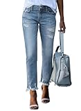Picture of Sidefeel Women's High Waisted Jeans Ripped Straight Leg Distressed Boyfriend Zimbaplatinum Jeans Denim Pants Myosotis Size 8