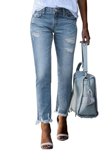 Sidefeel Women's High Waisted Jeans Ripped Straight Leg Distressed Boyfriend Zimbaplatinum Jeans Denim Pants Myosotis Size 10