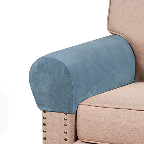 Real Velvet Armrest Covers For Chairs And Sofas Couch Arm Covers For Sofa Thickened Velvet Armrest Covers Anti-Slip Furniture Protector Washable Armchair Slipcovers For Recliner Set Of 2, Stone Blue #TOP26