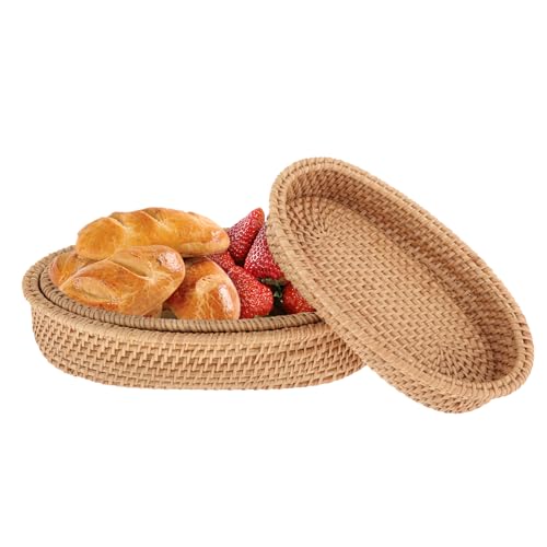 QLoztyse Bread Baskets for Serving - Bread Warmer Rattan Wicker Basket for Table Dinner Rolls Cracker and Snack Wicker Fruit Woven Basket Wicker Storage Bowls for Kitchen Counter Organizing,Set of 3
