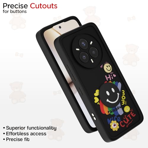 Image of Pikkme Back Cover for Realme 14 Pro Plus 5G | Soft Silicone| Cute Rainbow Smile & 3D Cartoon Flower Design | Shockproof Raised Camera Protection Bumper Case (Black)