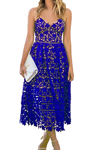 Alvaq Womens Summer Sexy V Neck Lace Hollow Beach Evening Wedding Midi Dress Plus Size Formal Blue Medium