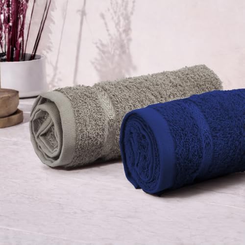 Image of Welspun Arlo Sports Hand Towel Set of 2 | 100% Cotton Gym & Fitness Essential | Soft, Absorbent & Quick Dry Sport Towel | Sweat Control for Workout, Yoga & Travel | 40 x 90 cm | Dark Blue & Grey