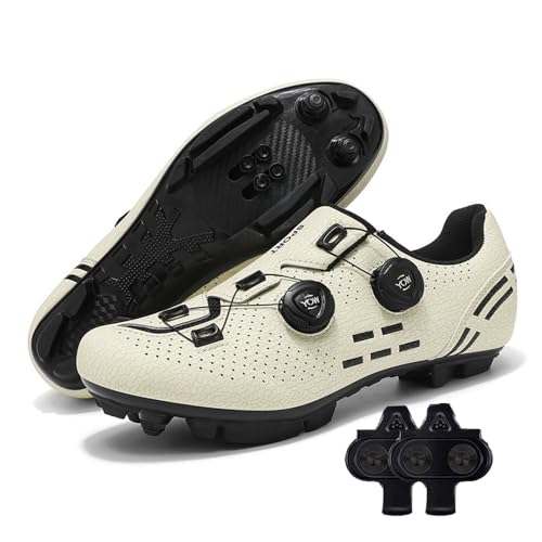 Treer Zapatillas Ciclismo Montaña, Zapatos Bicicleta Montaña Hombre Mujer, Zapatillas de Ciclismo Verano Ligeros Calzado Bicicleta con SPD 4 Hoyos Tacos | 36-48EU, Primavera y Verano (Crema,39)