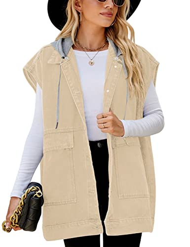 Image of PAODIKUAI Women's Oversized Denim Vest - Sleeveless Distressed Jean Vest with Pockets for Casual Layering