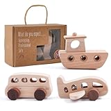 WOODEN TEETHER 3pcs Wooden Cars for Toddlers 1-3 Years Car Toys for Babies Wooden Baby Toys Include Car Boat Airplane，Ideal Gift for Girls and Boys
