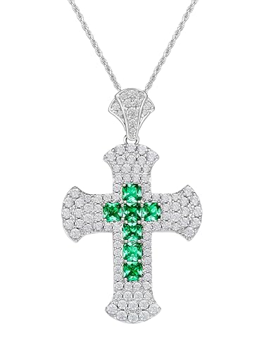 Green Emerald Cross Necklace Pave Moissanite Large Pendant for Men