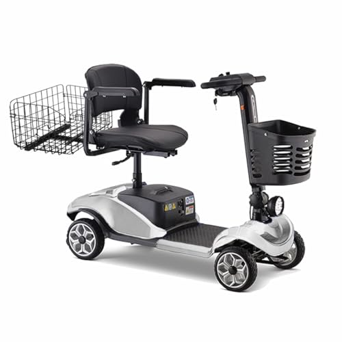 PORIYA 2025 4-Wheel Portable Folding Mobility Scooter with LED Lights and rear Basket, 20KM Range, 150KG Capacity, Dual Detachable 12V 12Ah Batteries, and Swivel Seat (SILVER)