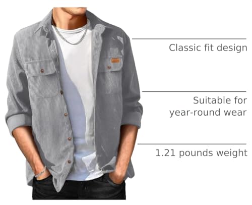 Image of Comdecevis Men's Flannel Button Down Jacket Long Sleeve Lightweight Cotton Work Shirts Jackets with Flap Pockets Gray Large