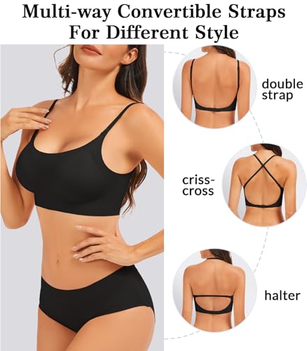 Image of Seamless Low Back Bra Wireless Padded Bralette Thin Straps Comfort Halter Backless Cross Multiway Convertible Bras