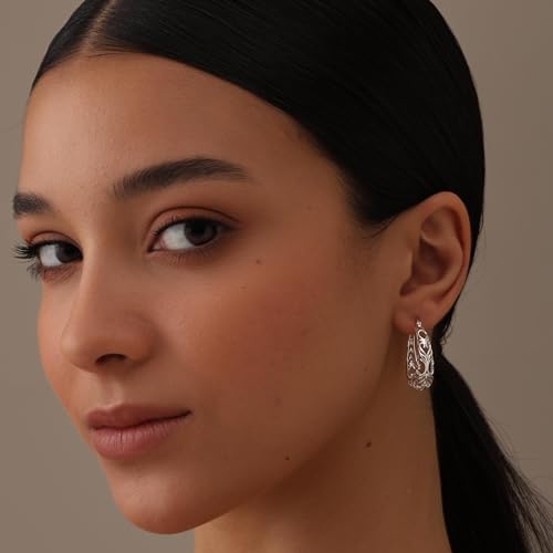 LeCalla 925 Sterling Silver Chunky Hoop Earrings | Filigree Mesh Heart Click Top Hoops for Women3