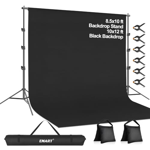 EMART 8.5 x 10 ft Adjustable Photo Backdrop Stand Kit with 12 x 10 ft Portable Black Backdrop Background Holder Support System Kit for Photography Party Live Game Interviews YouTube TIK Tok