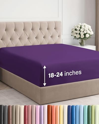 Image of Extra Deep Queen Fitted Sheet - Single Fitted Sheet Only - Purple | Easily Fits 18 inch to 24 inch Mattress, Soft, Wrinkle Free, Breathable & Comfy, Extra Deep Pockets Hotel Luxury Fitted Sheet