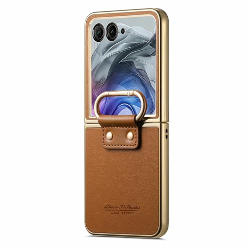 Image of for Motorola Razr 50 Ultra 5G Case Electroplating Leather Coated PC Phone Cover with Spring Ring Buckle Kickstand - Brown