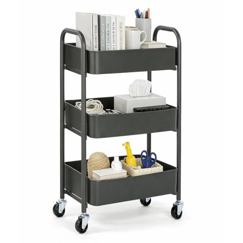 Image of SunnyPoint 3-Tier Delicate Compact Rolling Metal Storage Organizer - Mobile Utility Cart Kitchen /Under Desk Cart with Caster Wheels (Gray, 15.35 inch X 10.24 inch X 26.8 inchH)