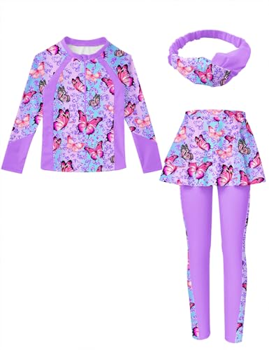 Image of Girls Long Sleeve Rashguard Half Zip Swimsuits UPF 50+ Two Piece Swim Sets with Hairband 5-12Y | Two Piece Swim Sets with Hairband