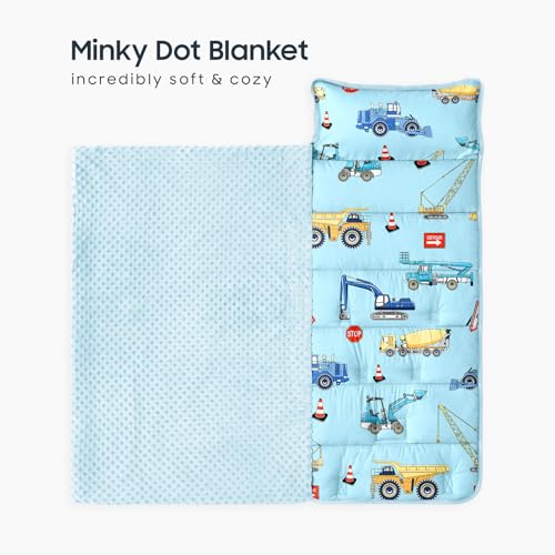 Image of Wake In Cloud - Toddler Nap Mat with Pillow and Minky Fleece Blanket, for Kids Boys Ages 3 Plus in Daycare Preschool Kindergarten, Roll Up Sleeping Bag, Construction Trucks